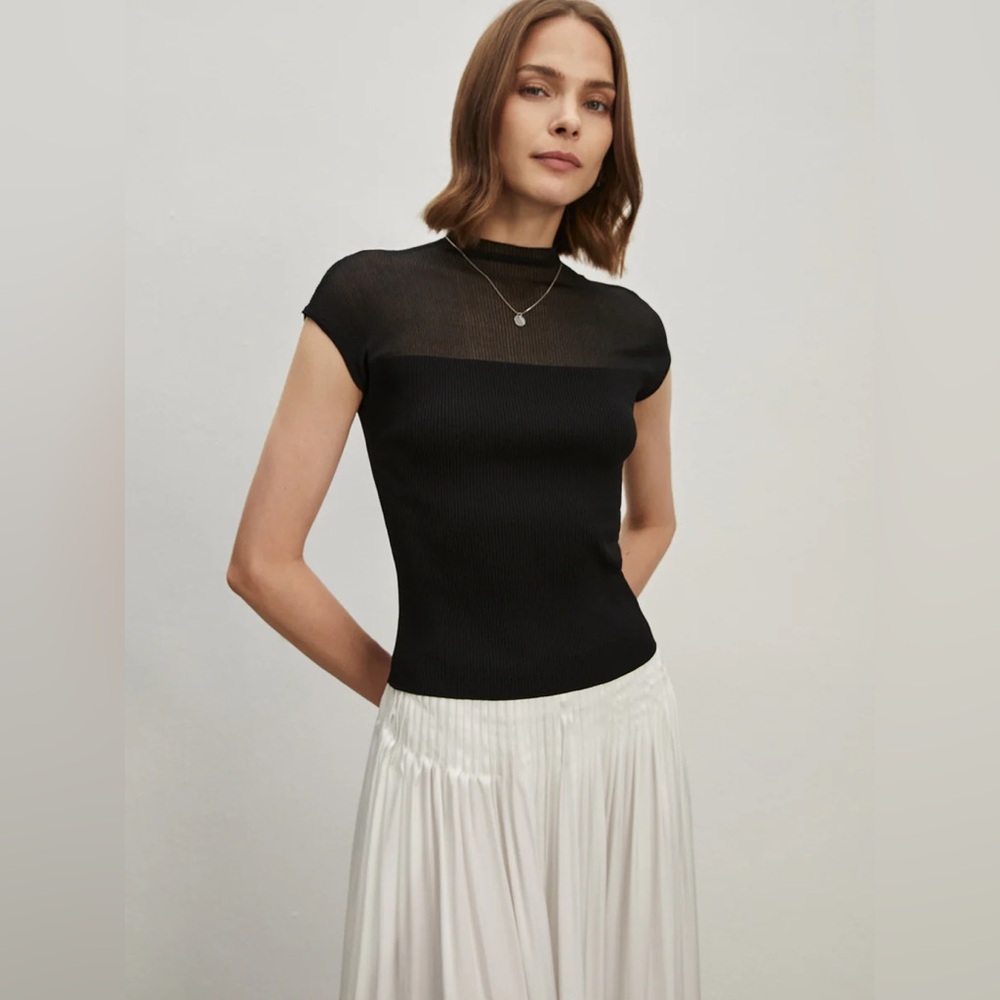Commense Black Ribbed Cap-Sleeve Mock Neck Top